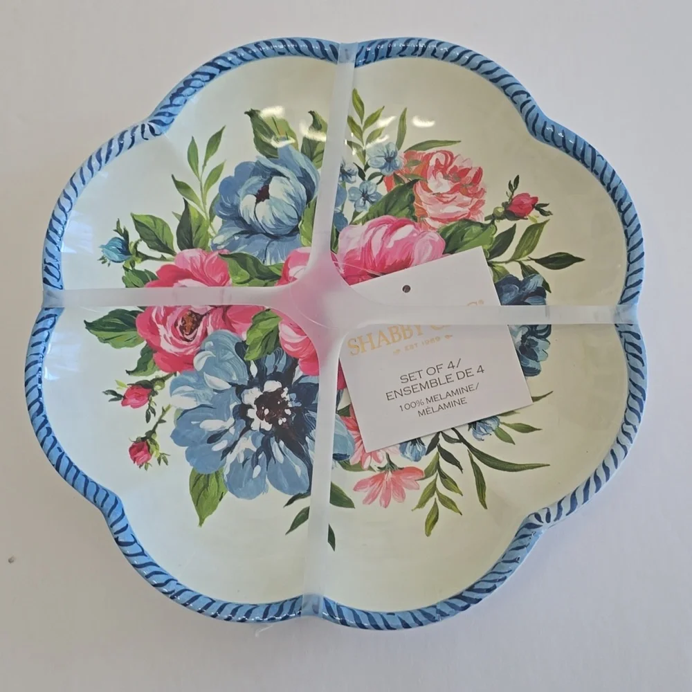 NWT Shabby Chic  Set Of 4 100% Floral Blue Pink Scalloped Melamine Plates